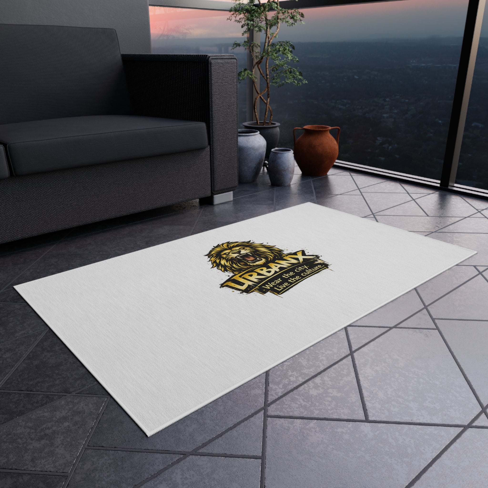 Urbanyx Lion Logo Outdoor Rug — Durable Patio & Doormat with “Wear the city. Live the culture.”