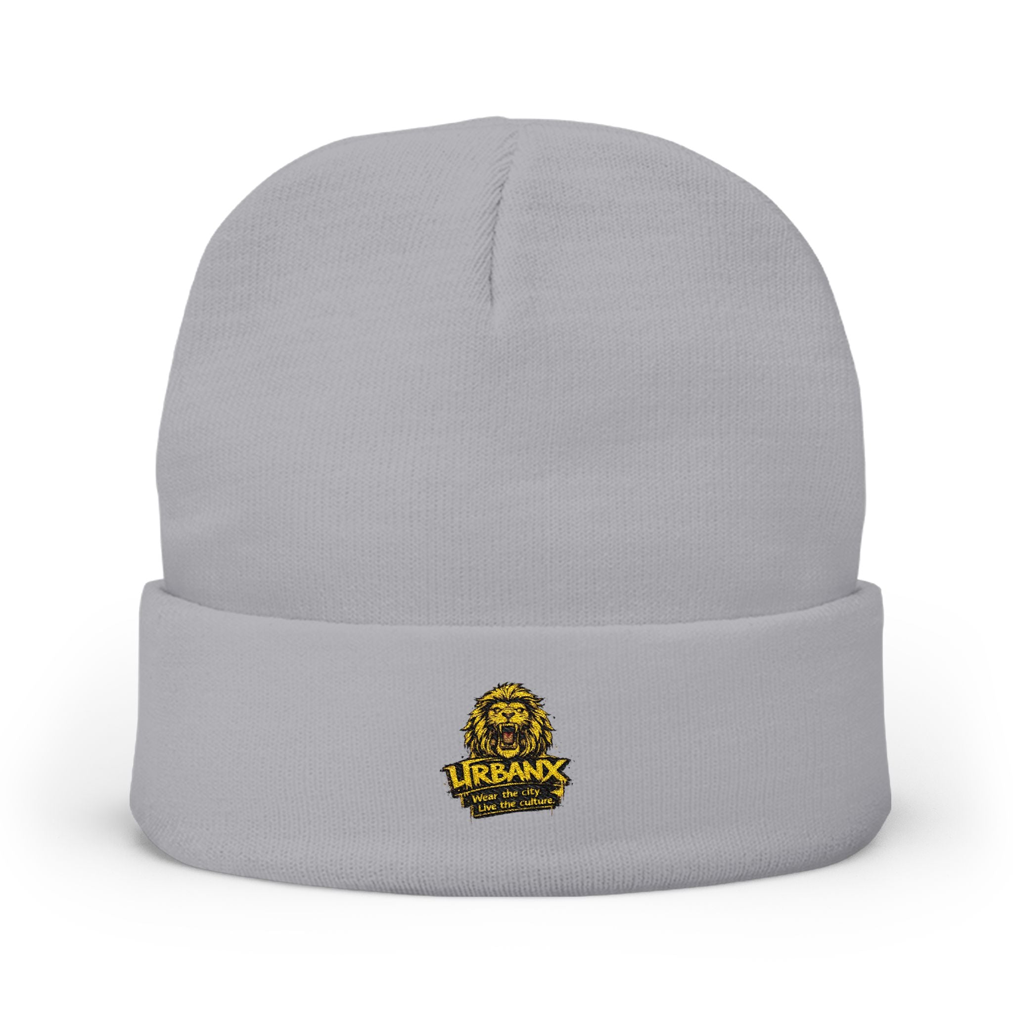 Urbanyx Embroidered Lion Crest Knit Beanie — Urban Vintage Logo Winter Hat