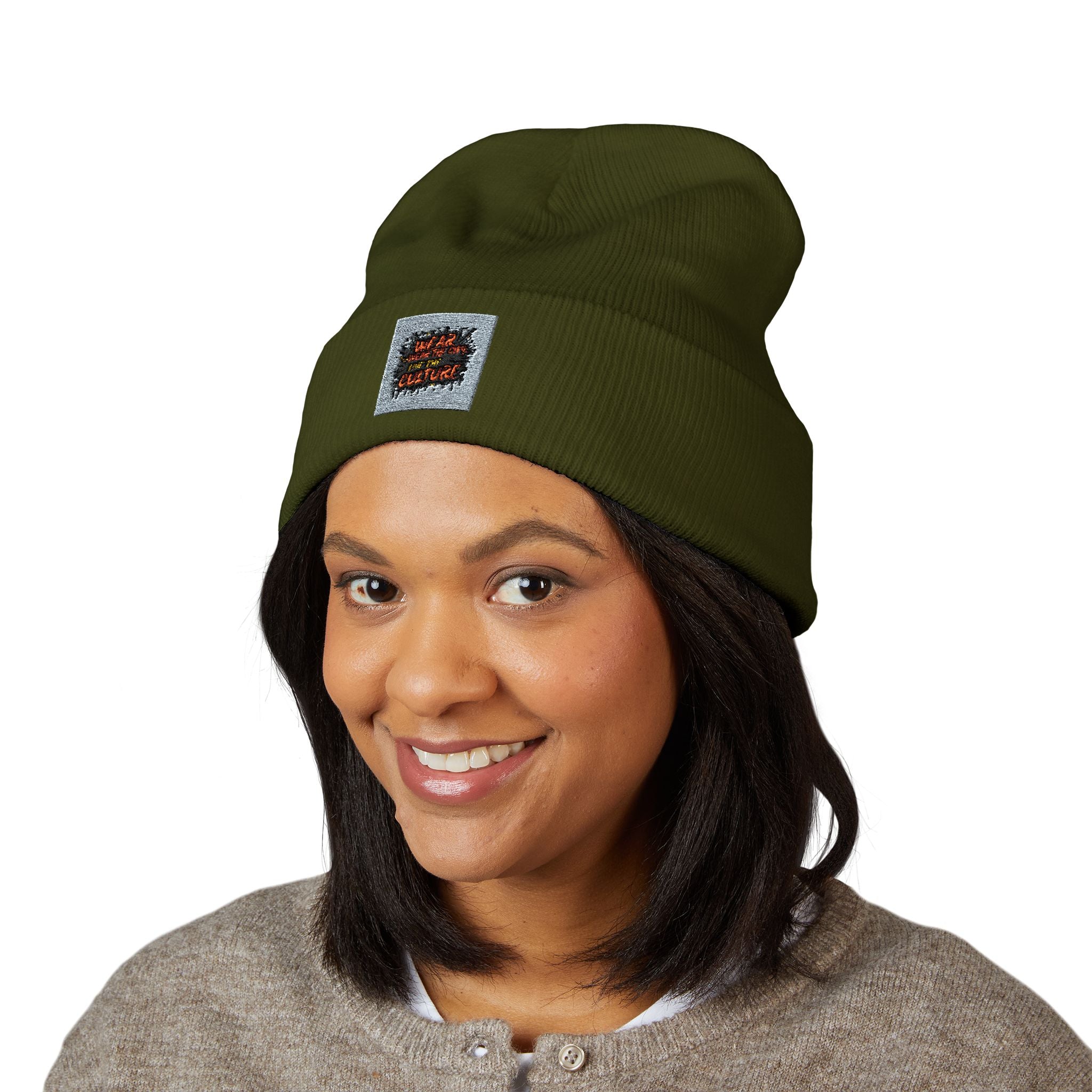 Urbanyx Embroidered Fire Patch Cuffed Beanie — Cozy White Knit Winter Hat