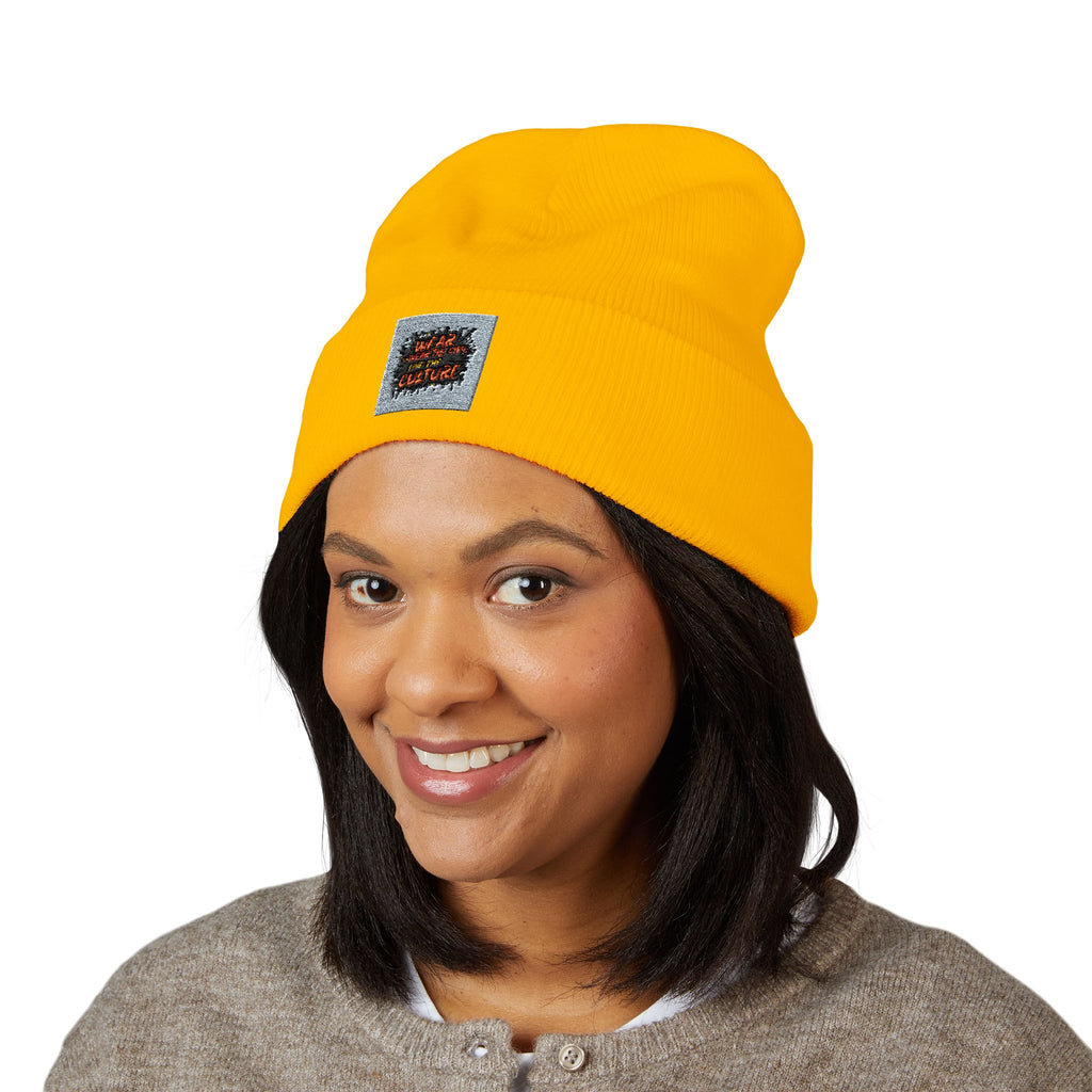 Urbanyx Embroidered Fire Patch Cuffed Beanie — Cozy White Knit Winter Hat