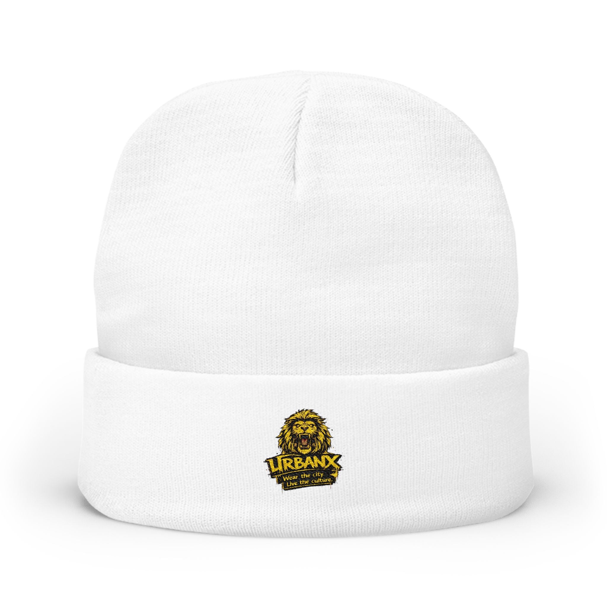 Urbanyx Embroidered Lion Crest Knit Beanie — Urban Vintage Logo Winter Hat