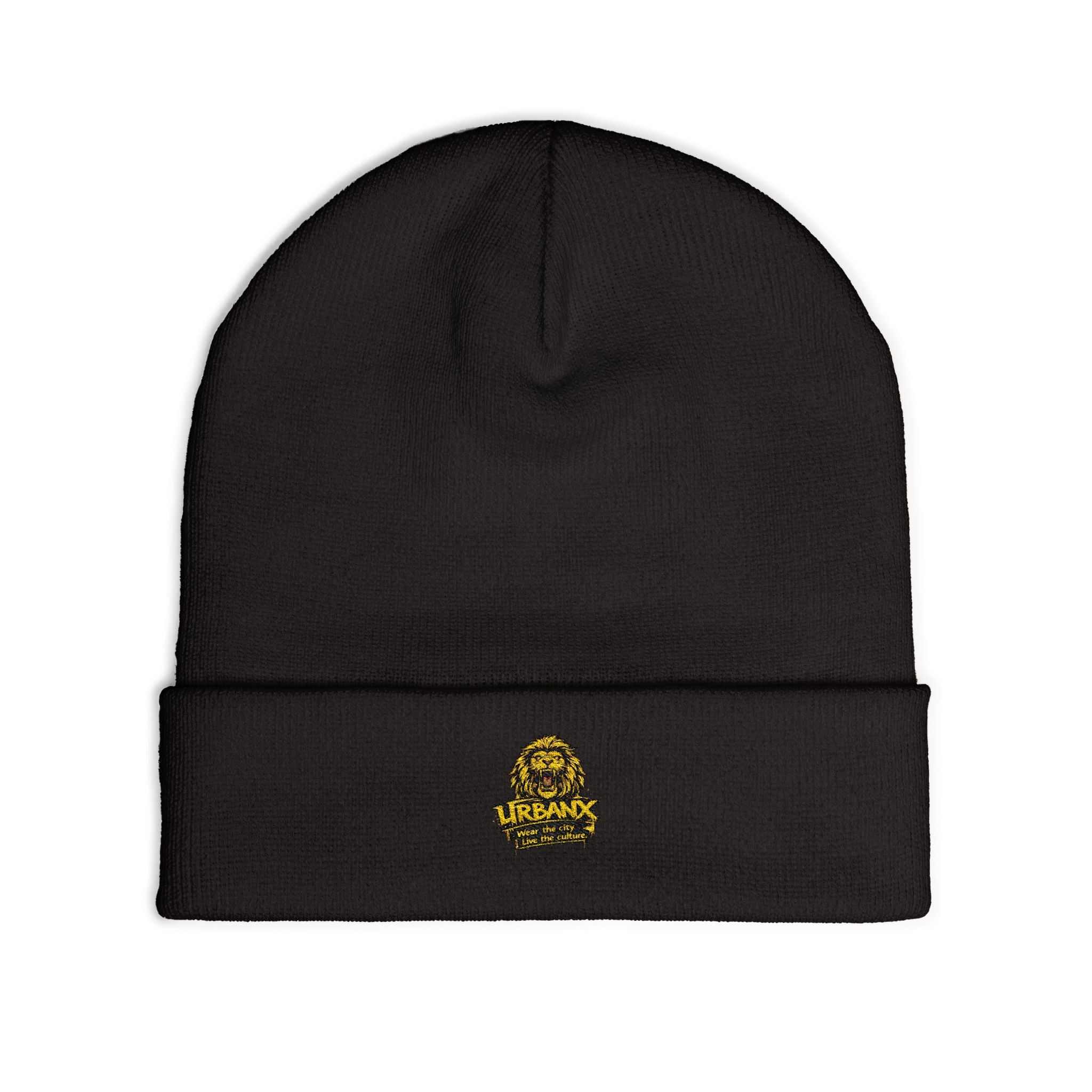 Urbanyx Embroidered Lion Crest Knit Beanie — Urban Vintage Logo Winter Hat