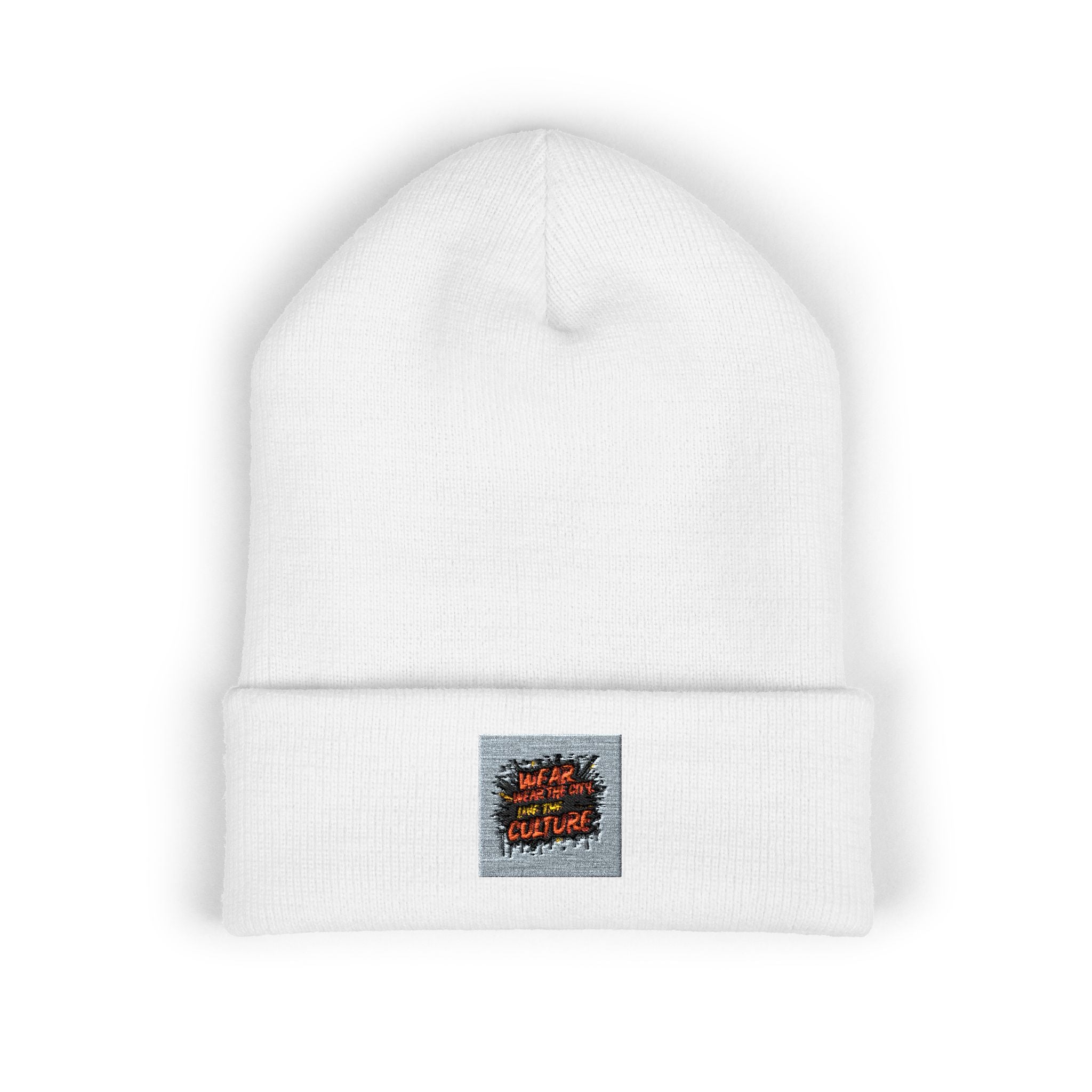 Urbanyx Embroidered Fire Patch Cuffed Beanie — Cozy White Knit Winter Hat