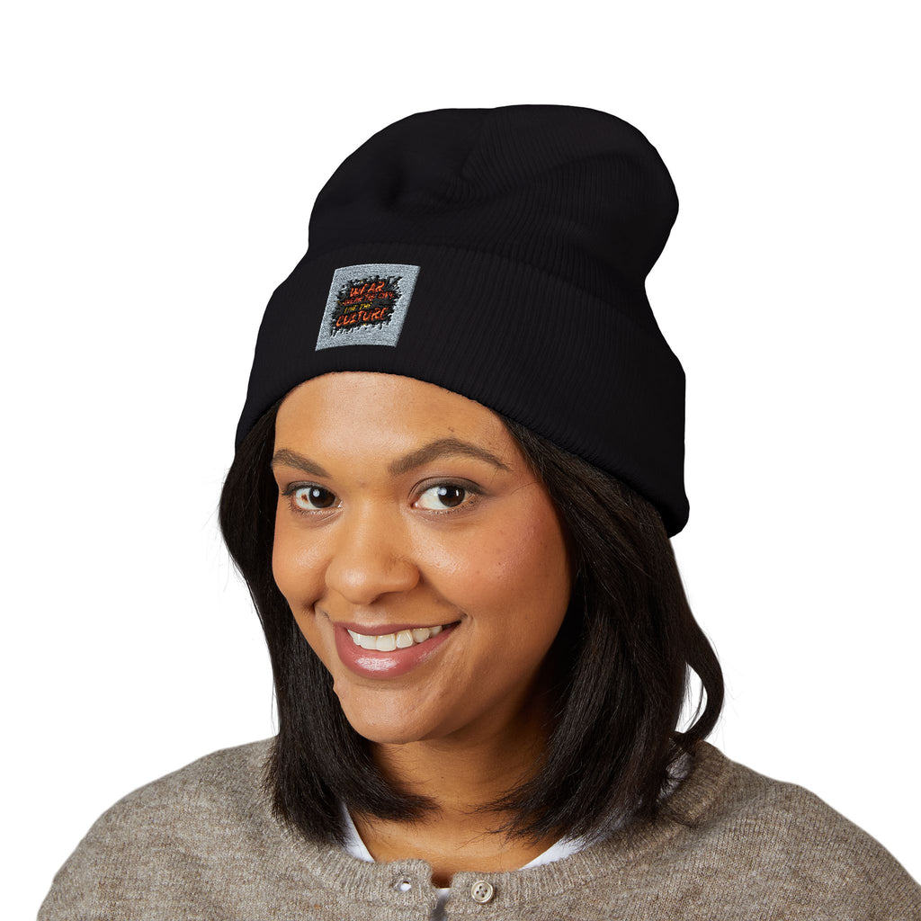 Urbanyx Embroidered Fire Patch Cuffed Beanie — Cozy White Knit Winter Hat