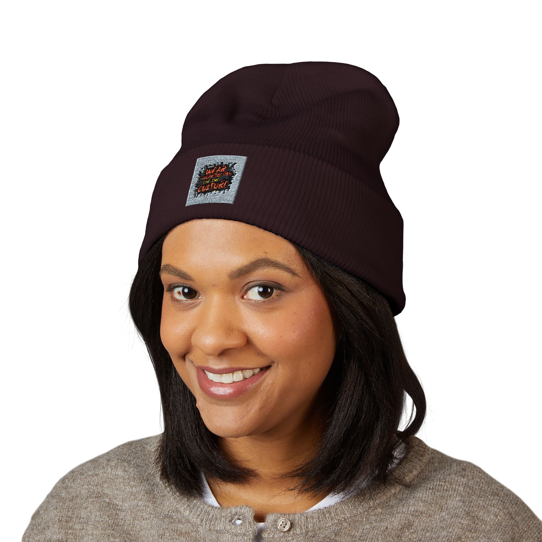 Urbanyx Embroidered Fire Patch Cuffed Beanie — Cozy White Knit Winter Hat
