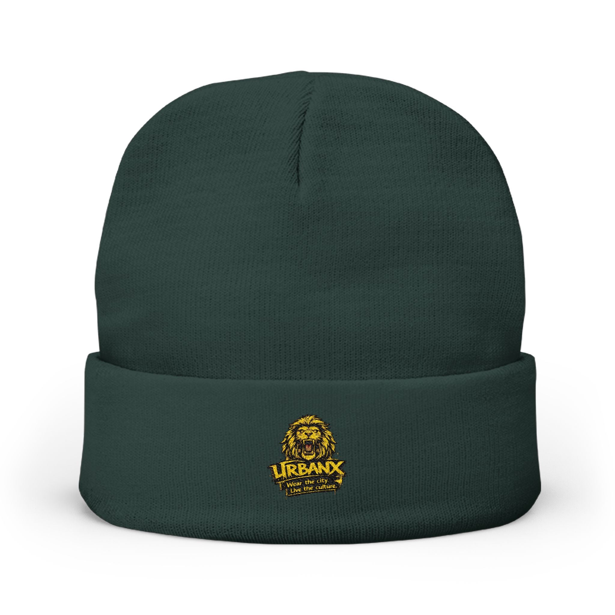Urbanyx Embroidered Lion Crest Knit Beanie — Urban Vintage Logo Winter Hat