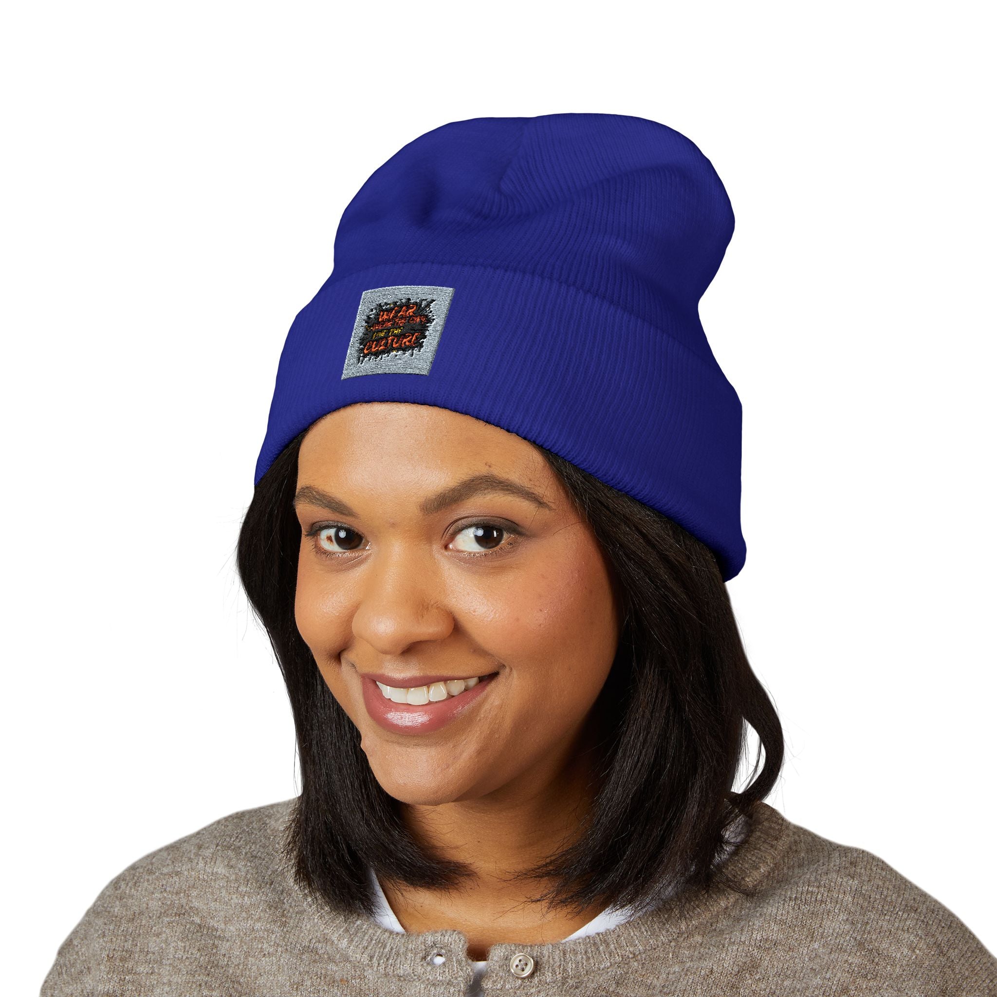 Urbanyx Embroidered Fire Patch Cuffed Beanie — Cozy White Knit Winter Hat