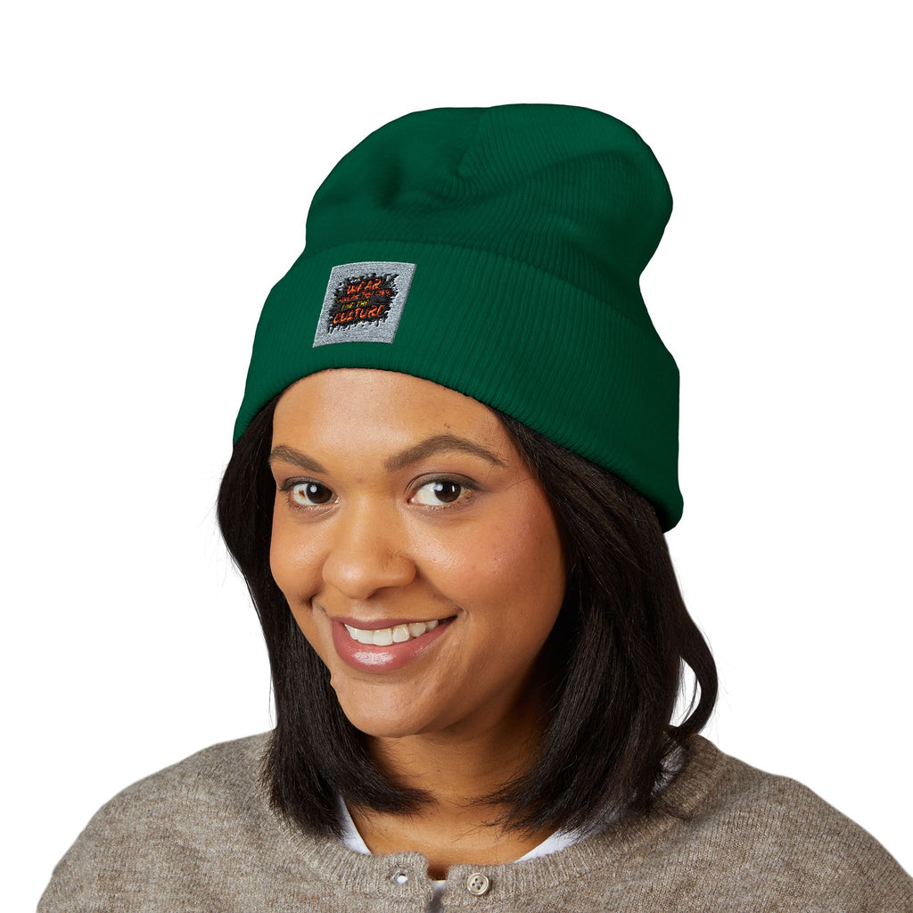 Urbanyx Embroidered Fire Patch Cuffed Beanie — Cozy White Knit Winter Hat