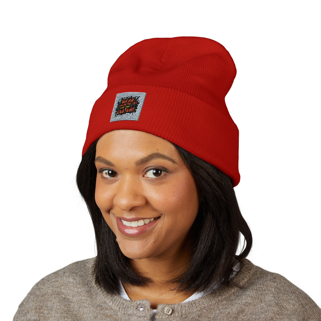 Urbanyx Embroidered Fire Patch Cuffed Beanie — Cozy White Knit Winter Hat
