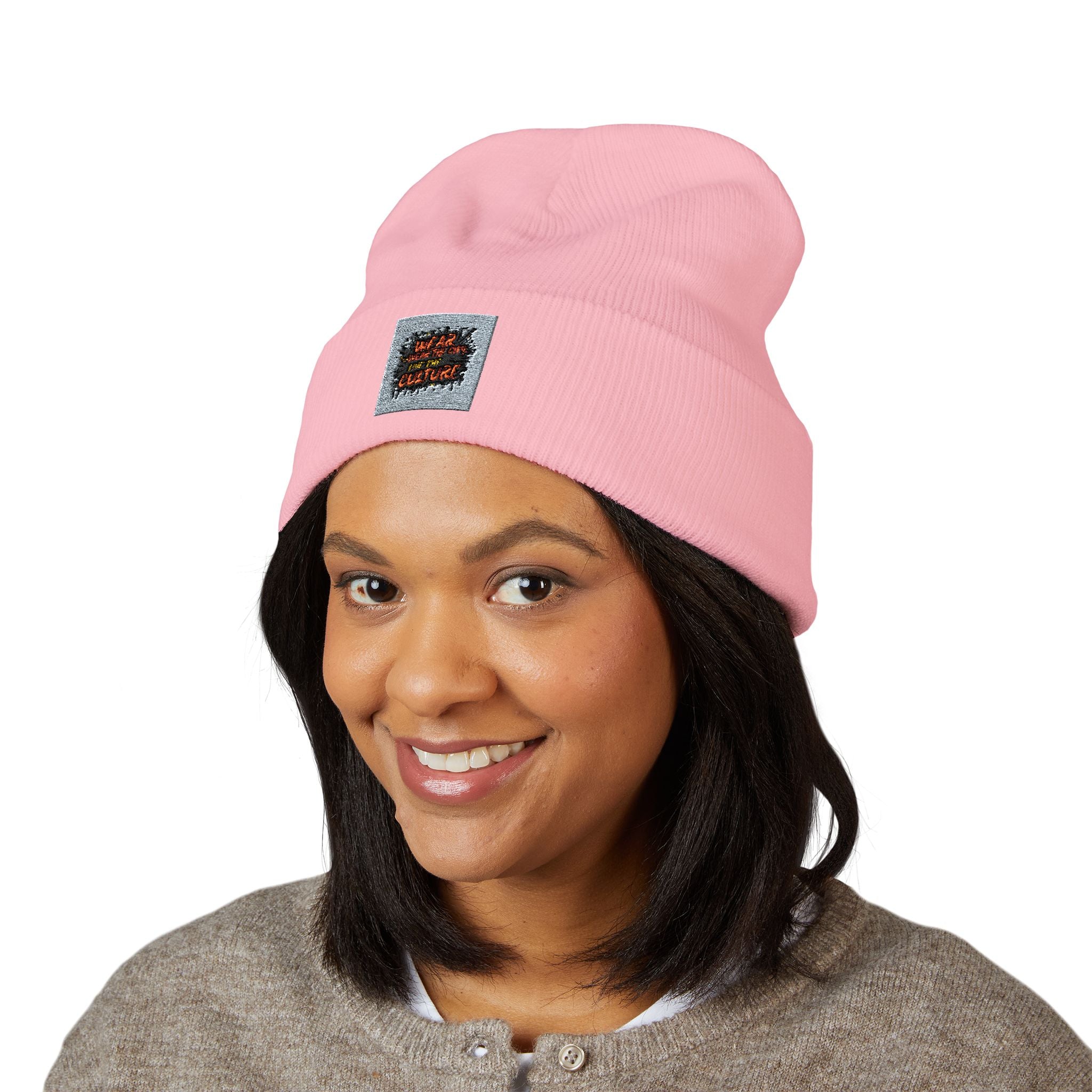 Urbanyx Embroidered Fire Patch Cuffed Beanie — Cozy White Knit Winter Hat