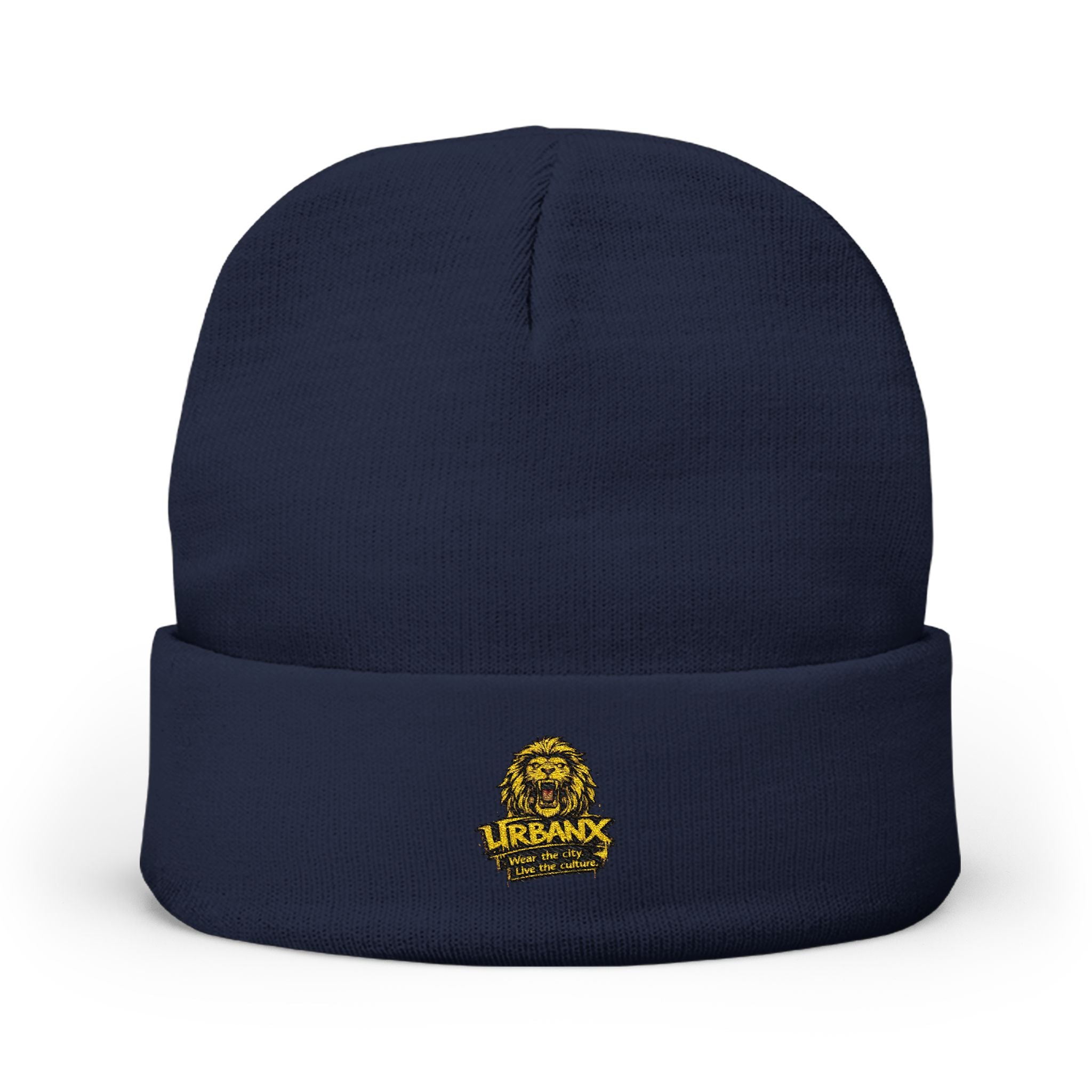 Urbanyx Embroidered Lion Crest Knit Beanie — Urban Vintage Logo Winter Hat