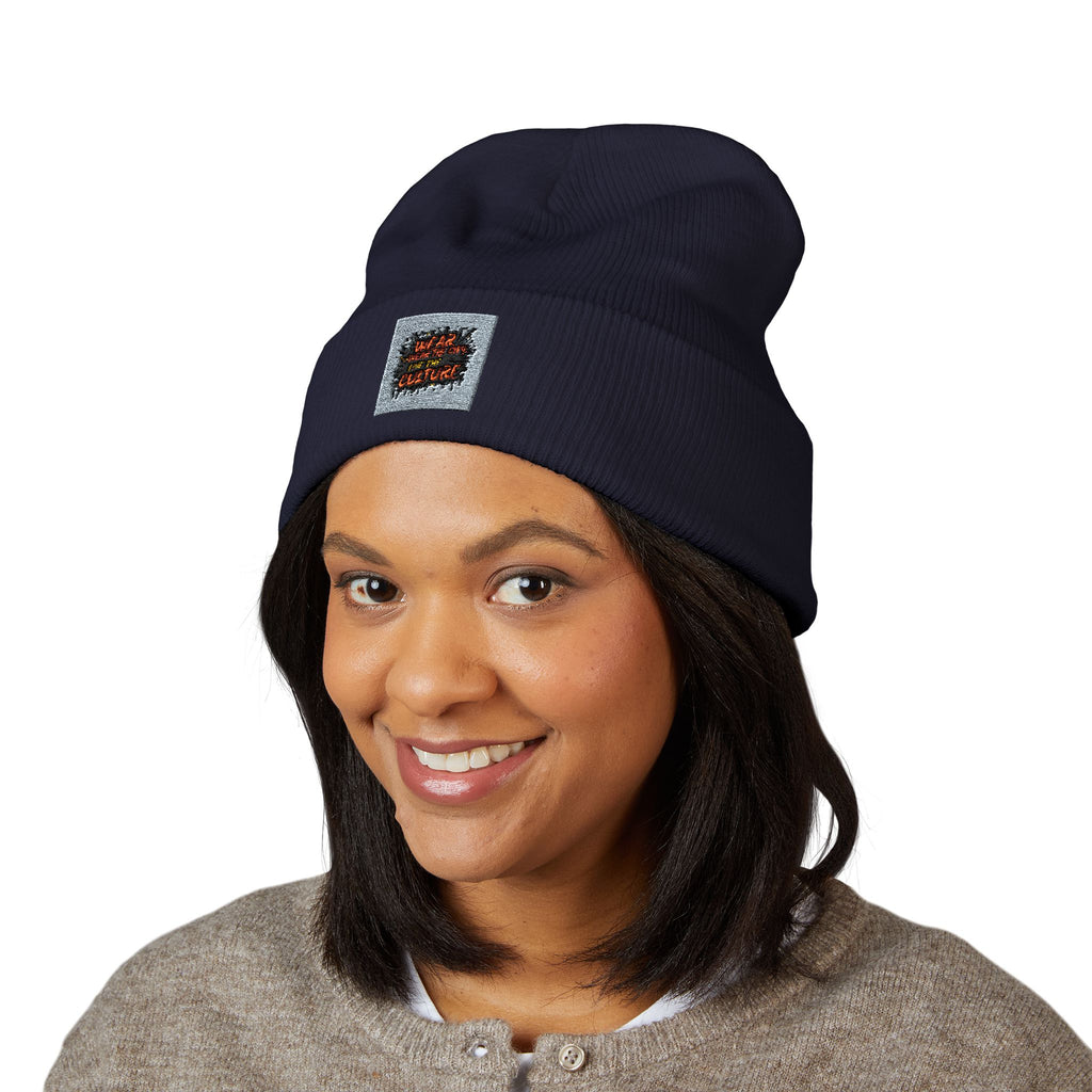 Urbanyx Embroidered Fire Patch Cuffed Beanie — Cozy White Knit Winter Hat
