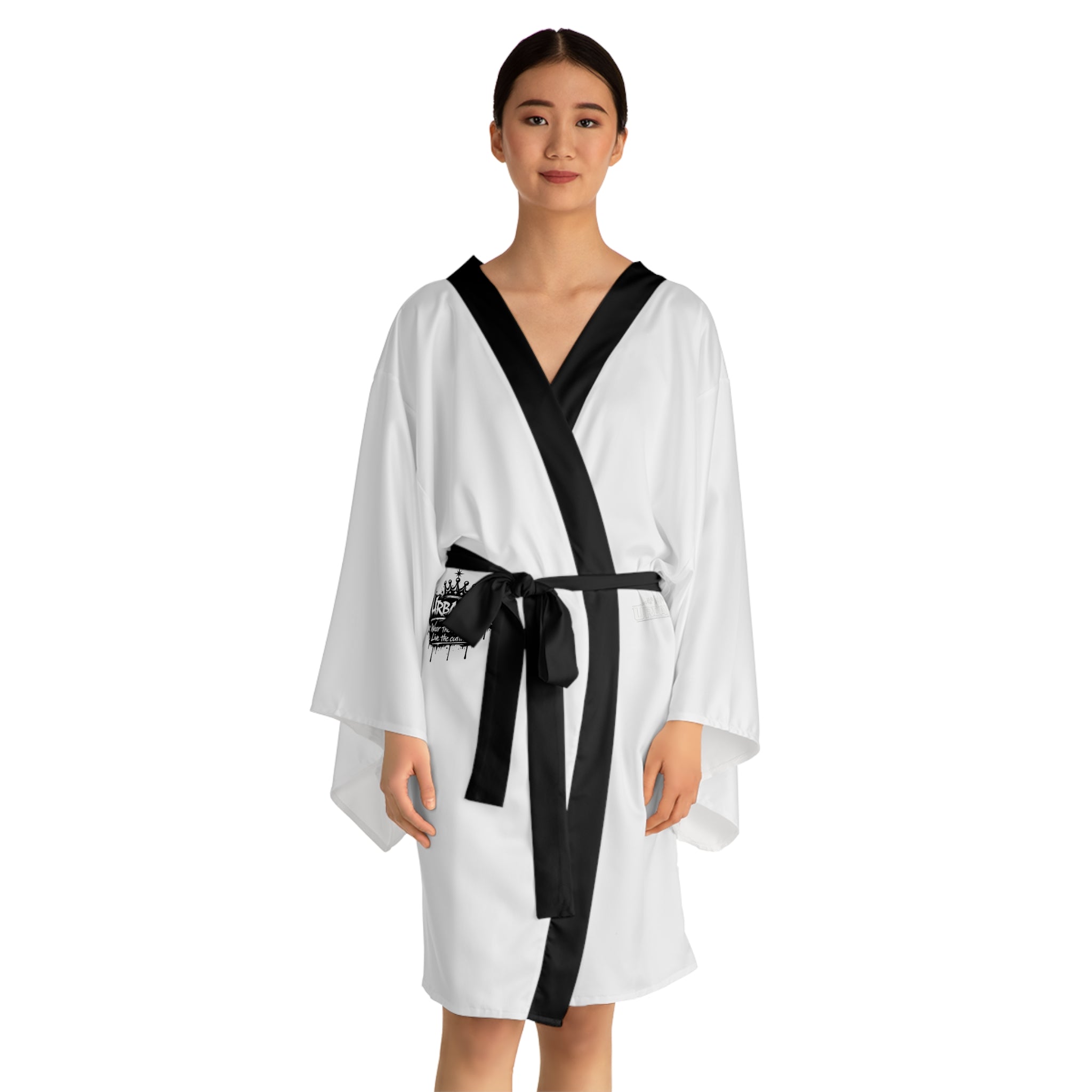 Urbanyx White Kimono Robe with Black Trim — Lightweight Long Sleeve Lounge Robe