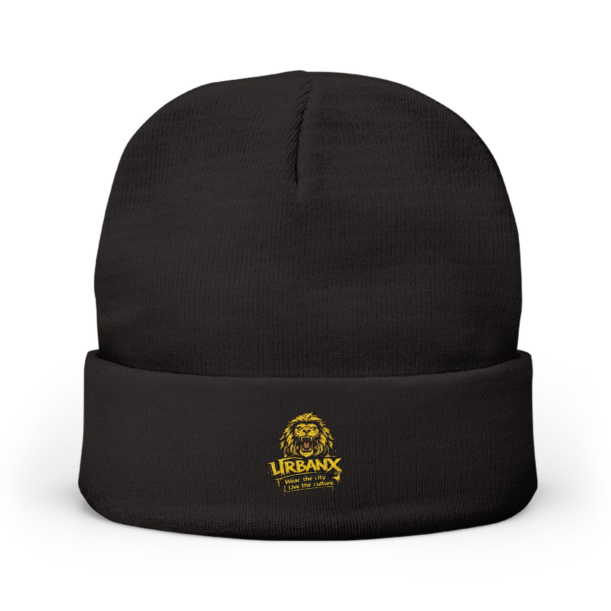 Urbanyx Embroidered Lion Crest Knit Beanie — Urban Vintage Logo Winter Hat