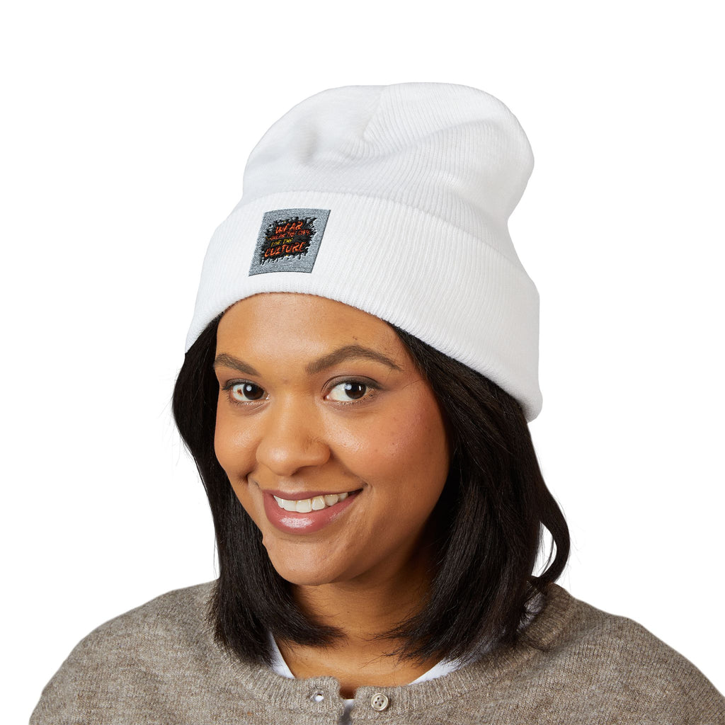 Urbanyx Embroidered Fire Patch Cuffed Beanie — Cozy White Knit Winter Hat
