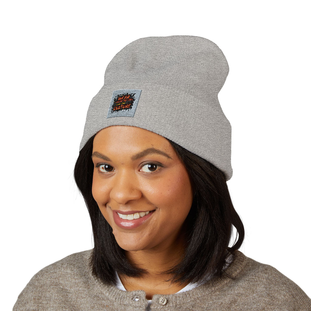 Urbanyx Embroidered Fire Patch Cuffed Beanie — Cozy White Knit Winter Hat