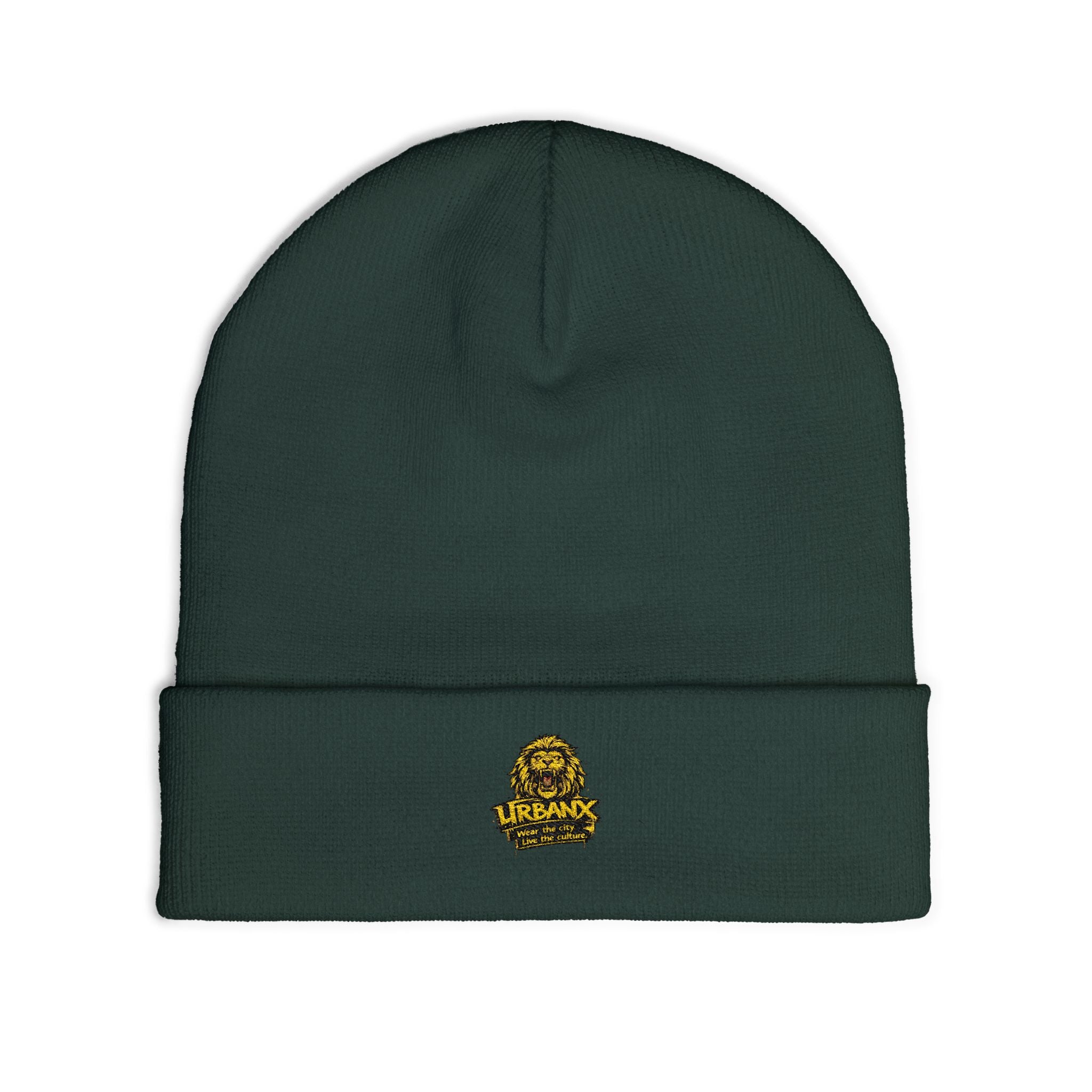 Urbanyx Embroidered Lion Crest Knit Beanie — Urban Vintage Logo Winter Hat