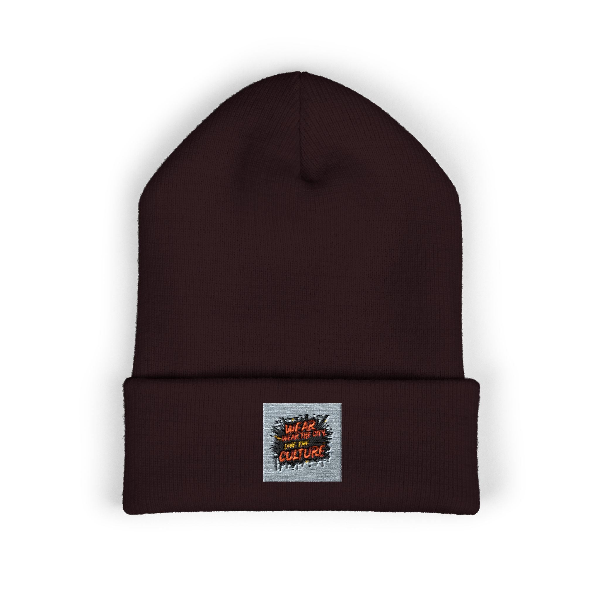 Urbanyx Embroidered Fire Patch Cuffed Beanie — Cozy White Knit Winter Hat