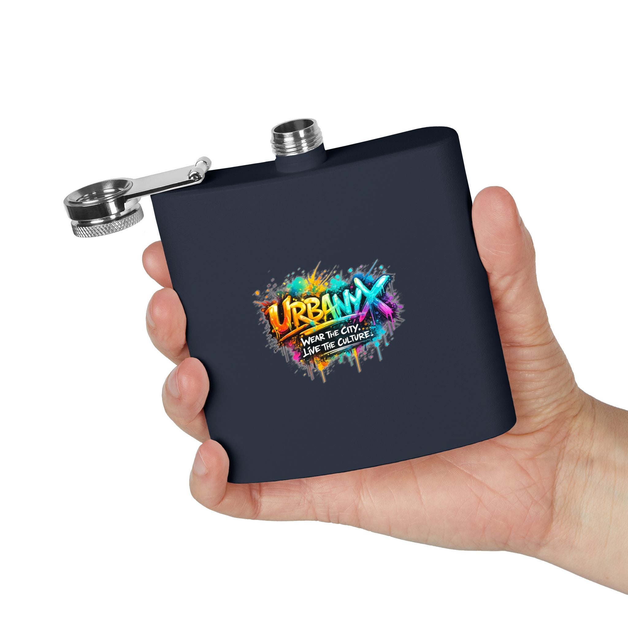 Urbanyx 6oz Stainless Steel Flask — Urban Graffiti "URBANX" Logo (Wear the City, Live the Culture)