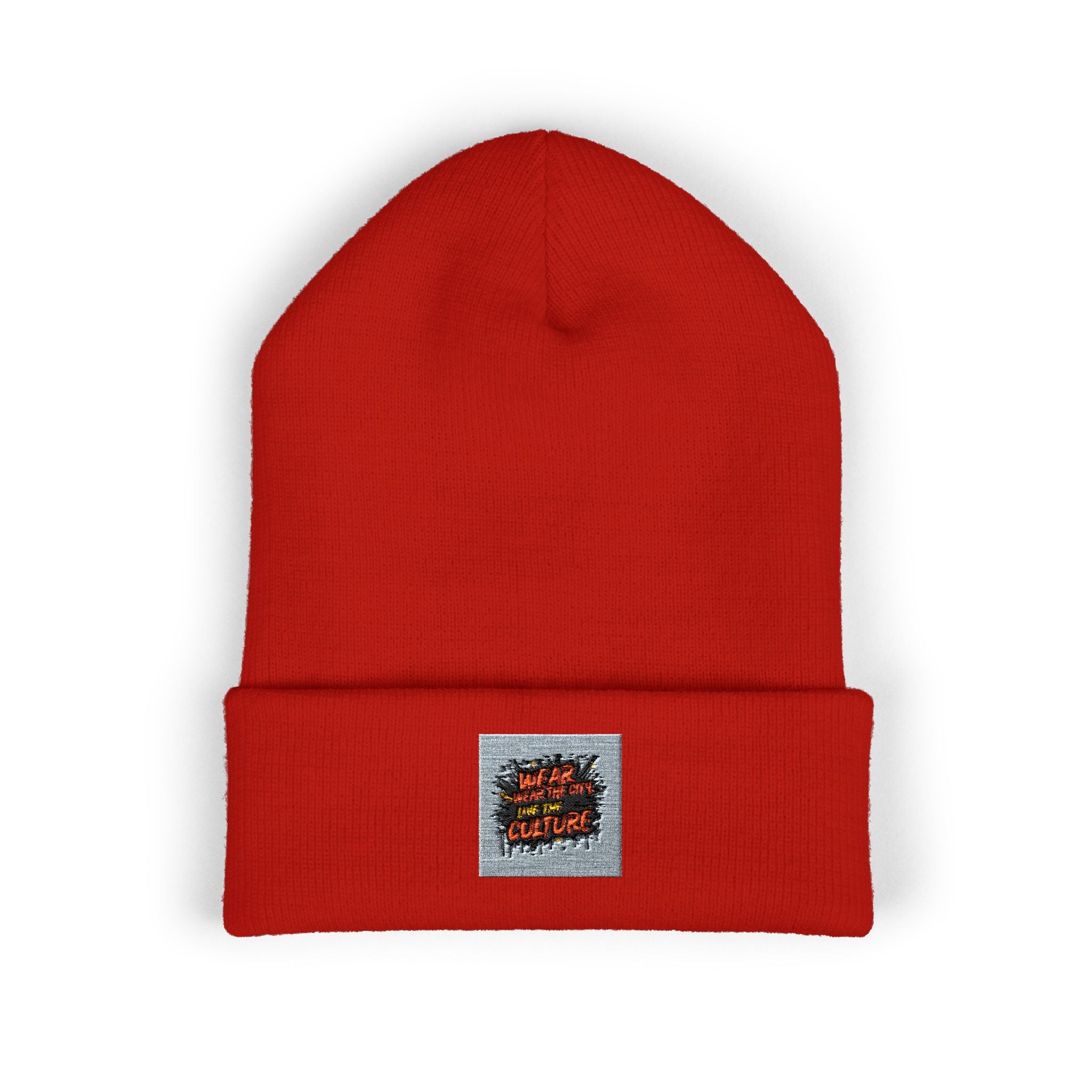 Urbanyx Embroidered Fire Patch Cuffed Beanie — Cozy White Knit Winter Hat