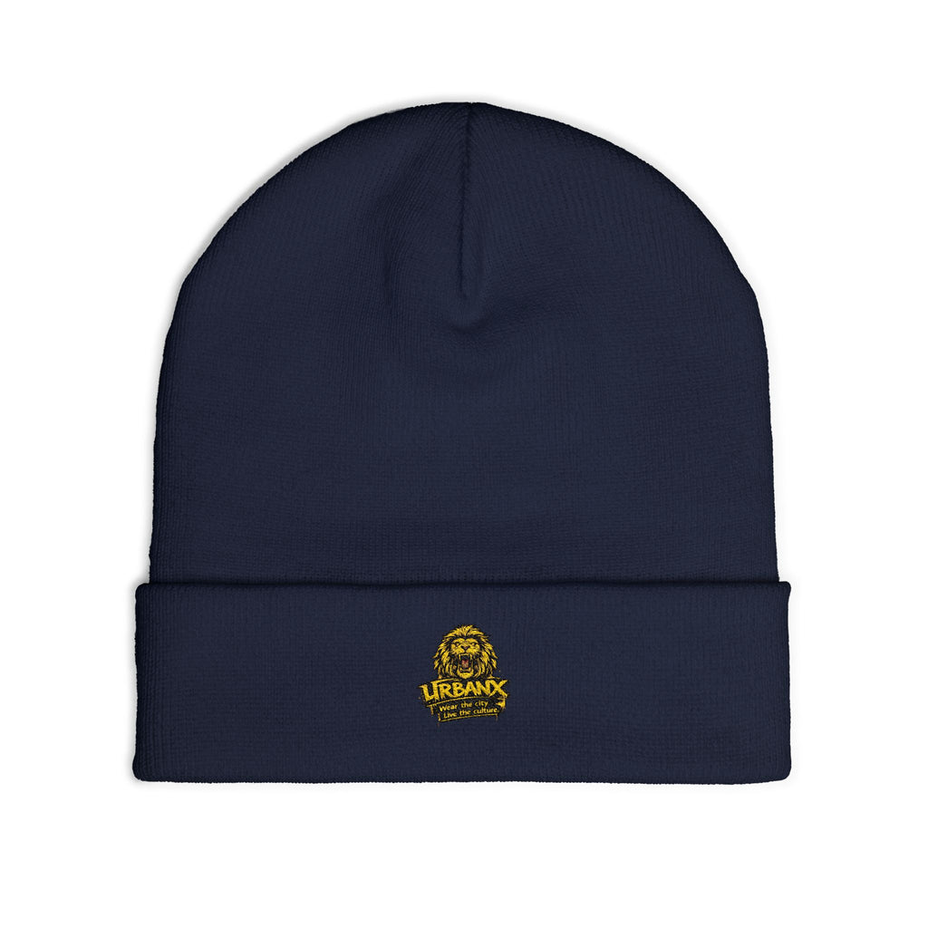 Urbanyx Embroidered Lion Crest Knit Beanie — Urban Vintage Logo Winter Hat